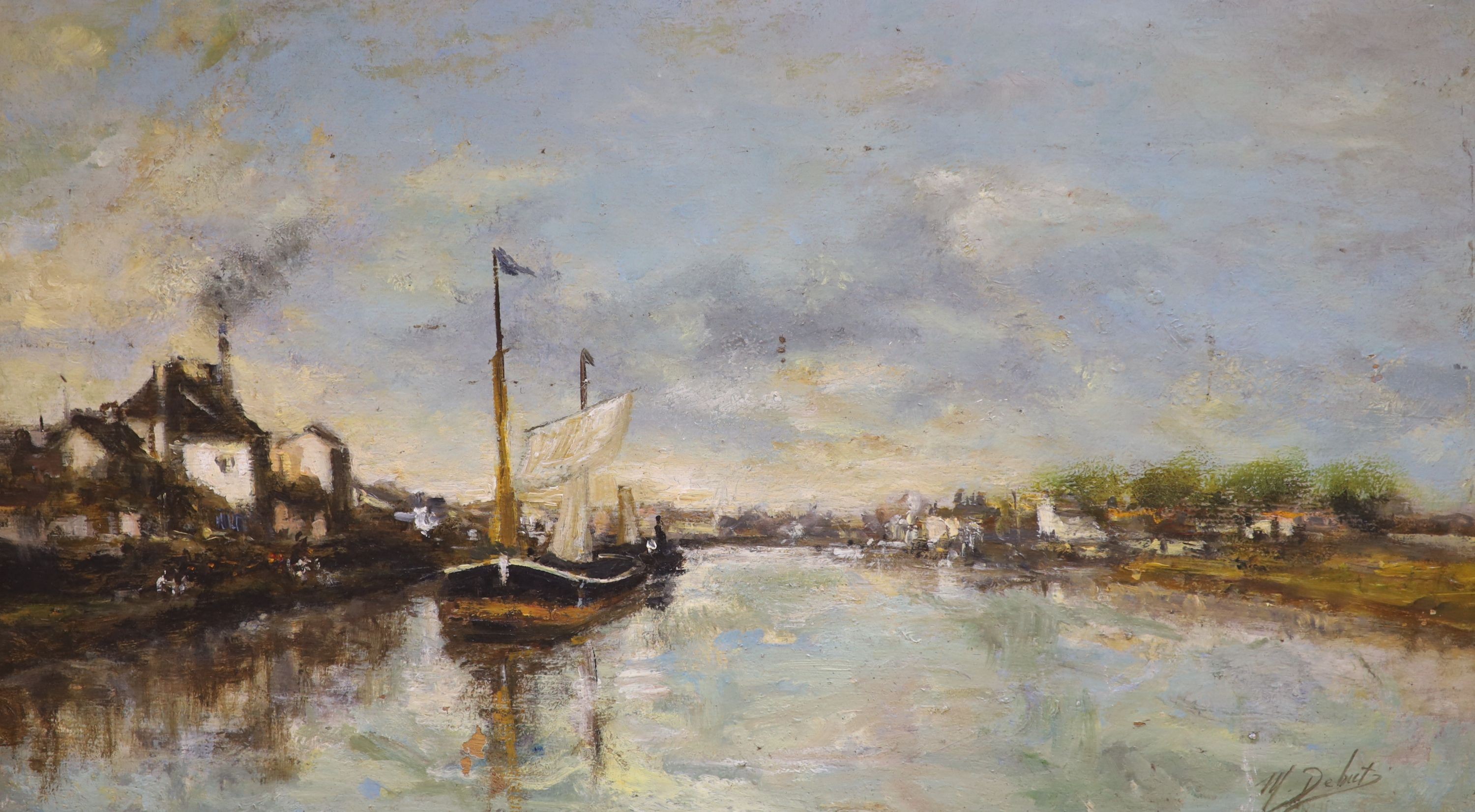 Marcel Debut (1865-1933) French. Boats on a river, oil on board, signed, 10.75